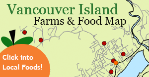 Vancouver Island Farms and Food Map covering Victoria, Saanich, Metchosin, Sooke, Cowichan Valley, Cobble Hill, Parksville, Nanaimo, and Salt Spring Island - Click Into Local Foods!